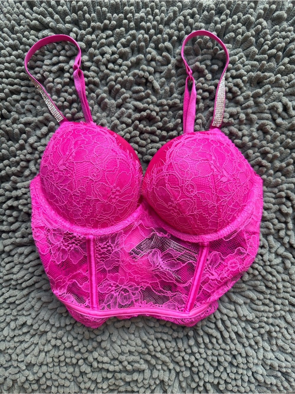 Victoria's Secret Hot Pink Lace Longline Push-Up Bra with Rhinestone Straps